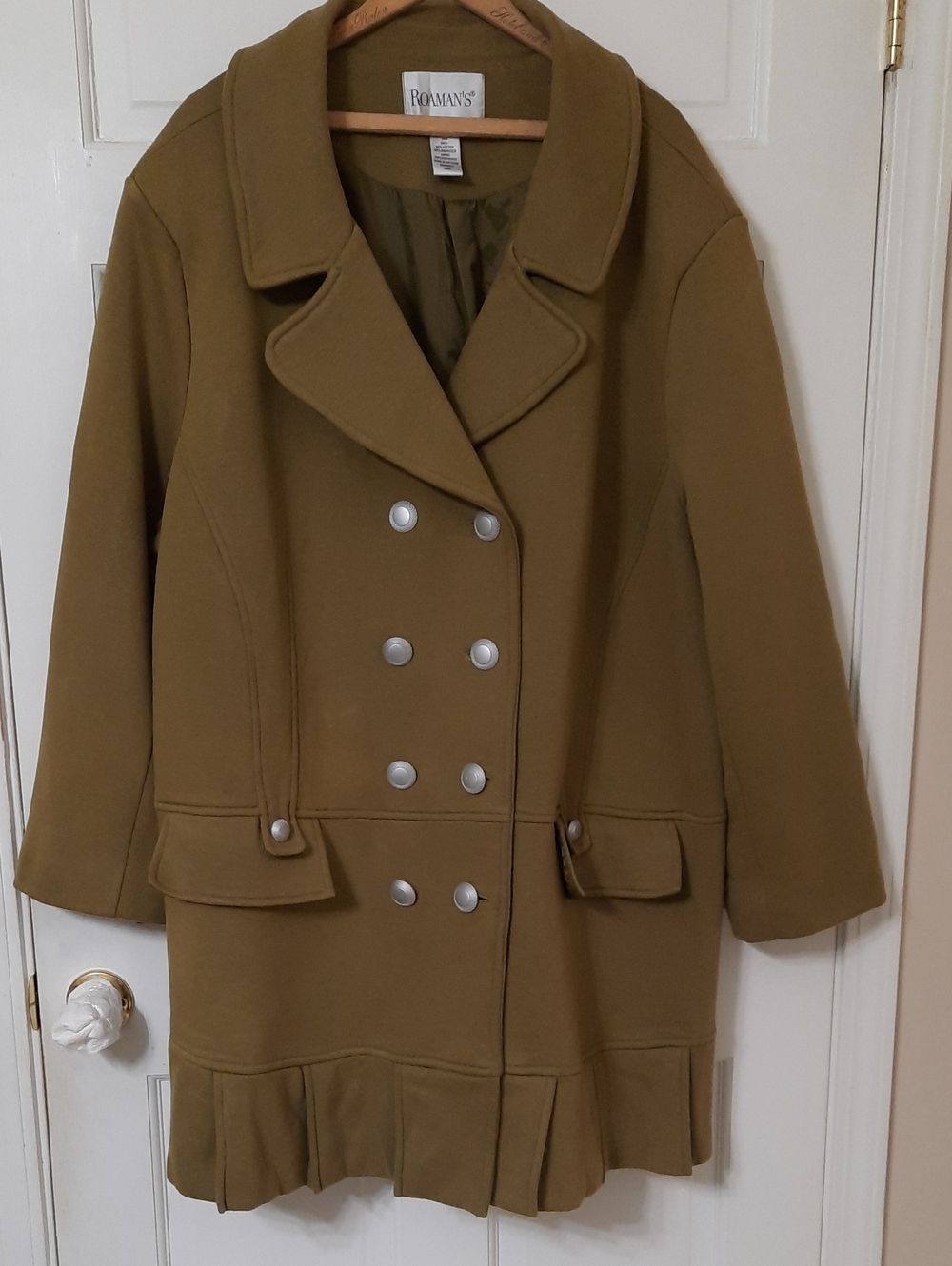 Roaman's Double-Breasted Olive Peacoat with Pleated Hem